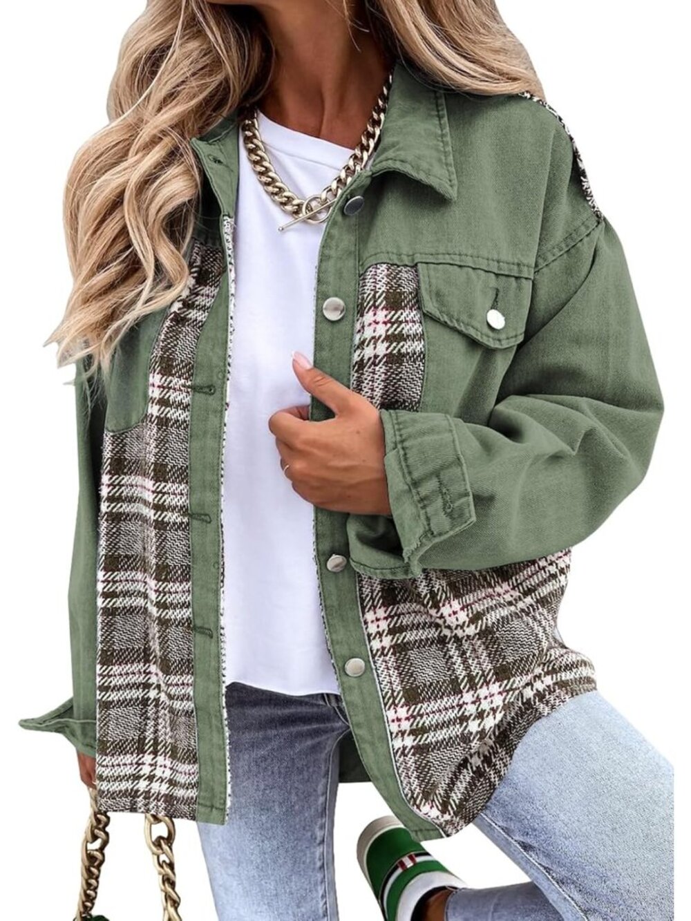 Womens Oversized Denim Jacket Casual Long Sleeve Button Down Plaid Shacket Boyfr